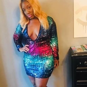 Colorful sequin mini dress with deep v cut neck